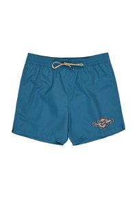 Herren-Badeshorts aus einfarbigem türkisfarbenem Stoff, mit elastischem Bund und Kordelzug. Auf der Seite befindet sich ein dekoratives besticktes Design.