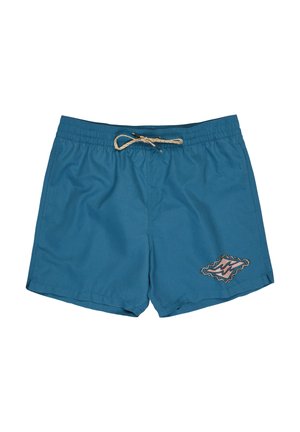 Herrebadeshorts i ensfarget turkis stoff, med elastisk midje og snøring. Inkluderer et dekorativt brodert mønster på siden.