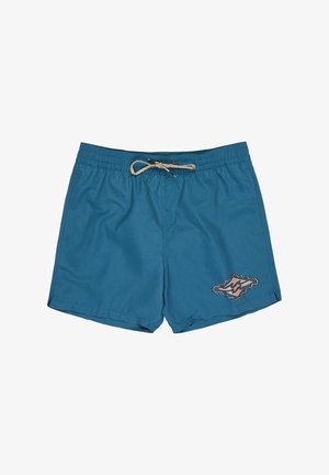 Herrebadeshorts i ensfarget turkis stoff, med elastisk midje og snøring. Inkluderer et dekorativt brodert mønster på siden.