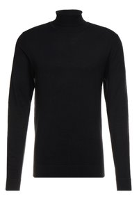 Schwarzer Rollkragenpullover mit langen Ärmeln, taillierte Passform, aus weichem Stoff gefertigt, mit geripptem Kragen und Bündchen. Klassischer, vielseitiger Stil.