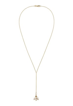 Delikat guldkæde med en dråbeformet vedhæng med en klynge af små hvide perler.
