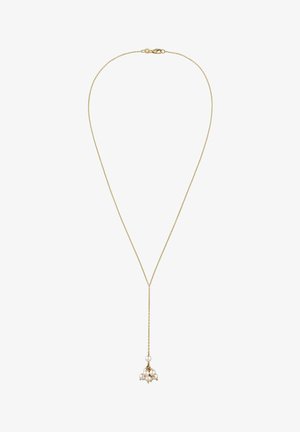 Feine goldene Halskette mit einem Tropfenanhänger, der einen Cluster kleiner weißer Perlen zeigt.