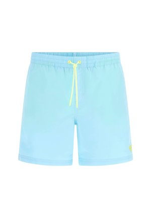 Ljusblå badshorts med ett elastiskt band, justerbar gul dragsko och en liten logopatch i det nedre vänstra hörnet.