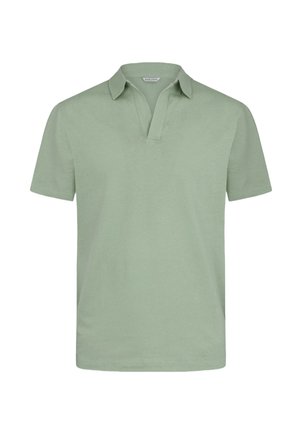 Hellgrünes kurzärmeliges Polohemd mit offenem Kragen und ohne Knöpfe, auf weißem Hintergrund dargestellt.