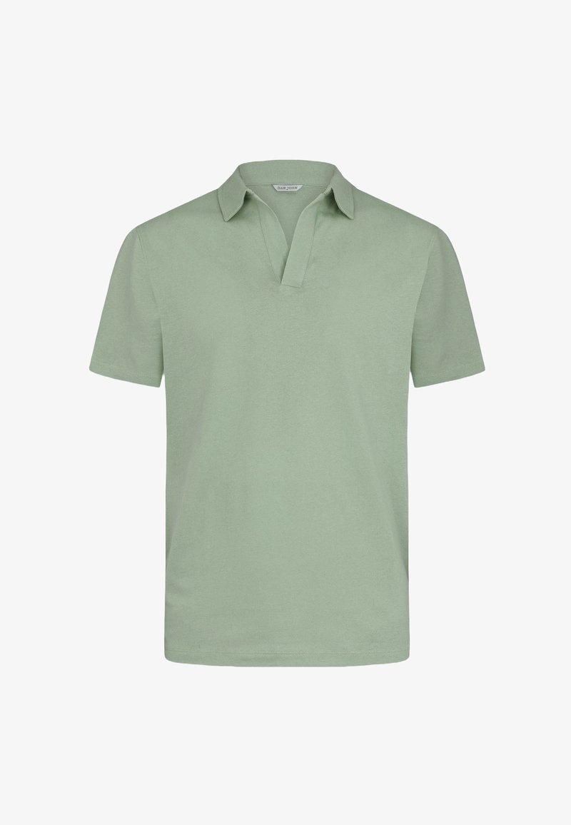 Hellgrünes kurzärmeliges Polohemd mit offenem Kragen und ohne Knöpfe, auf weißem Hintergrund dargestellt.