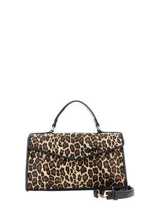 Rektangulær leopardprint håndtaske med sort trim, enkelt top håndtag og aftagelig sort skulderrem med guldlåse.