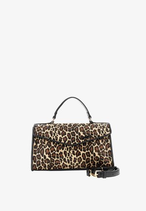 Rektangulær leopardprint håndtaske med sort trim, enkelt top håndtag og aftagelig sort skulderrem med guldlåse.