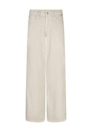 Beige wijde jeans met een sluiting met knoop en rits aan de voorkant, ceintuurlussen en twee voorzakken.