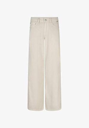 Beige wijde jeans met een sluiting met knoop en rits aan de voorkant, ceintuurlussen en twee voorzakken.