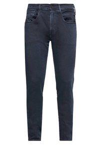 Dark blue denim jeans, slim fit, five-pocket design with contrasting stitching, metal button closure, and slight fade on the thighs.