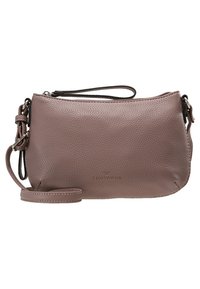 Sac en cuir marron à bandoulière avec une fermeture éclair, texture lisse et sangle ajustable. Il présente un logo sur le devant et un design minimaliste.
