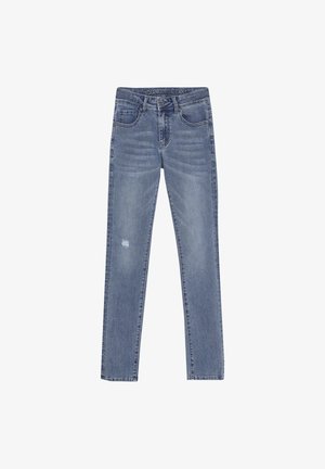 Lichtblauwe denim jeans met een rechte pijpdesign, voorzien van versleten details aan de voorkant en een standaard vijf-pocketstijl.