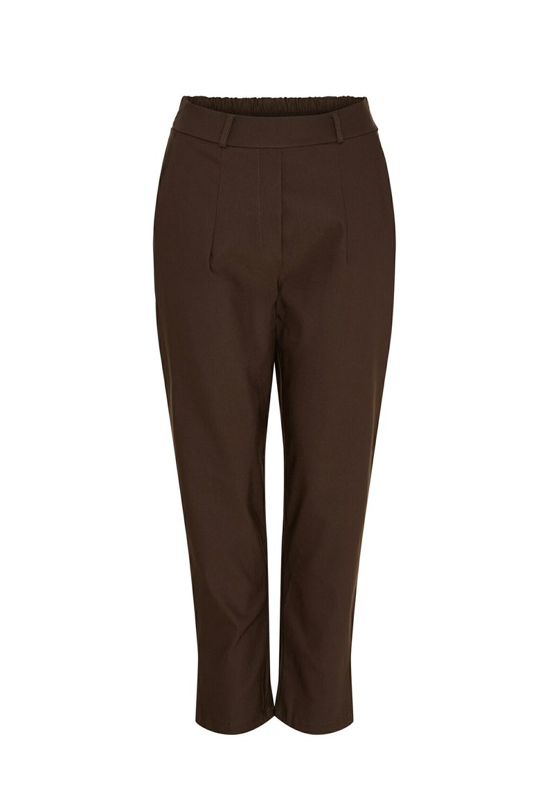 Brune, afkortede bukser med elastisk talje, struktureret stof og frontlige folder. Har et skræddersyet design uden lommer.