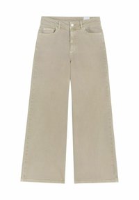 Beiga vida byxor i bomull. Har en knappstängning, fem fickor och sydda detaljer längs sömmarna. Mjuk textur.