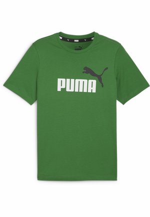 Camiseta de algodón verde con cuello redondo, que presenta un logo blanco de "PUMA" y una silueta de puma negra en la parte delantera. Mangas cortas.