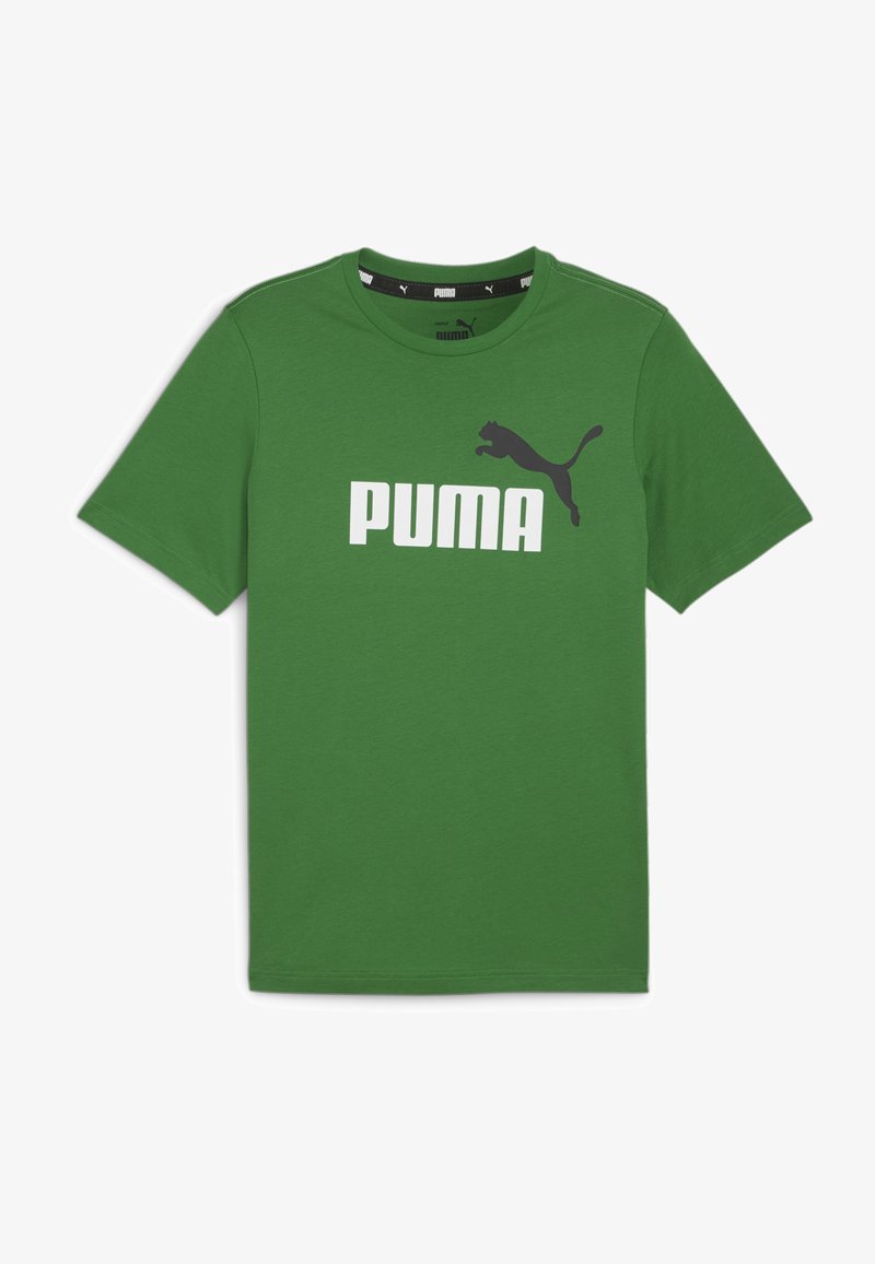 Grøn bomulds t-shirt med rund hals, med et hvidt "PUMA" logo og en sort puma silhuet på forsiden. Korte ærmer.