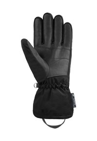 Guanto invernale nero con palmo in pelle e dorso in tessuto. Presenta cinque dita, un polsino elastico e un anello per il fissaggio.
