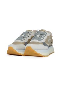 Beige and gray sneakers featuring suede and textile upper, lace closure, textured sole, and a light brown rubber outsole.