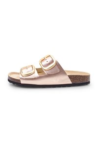 Two-strap slide sandal in metallic rose gold with gold-tone buckles, cork footbed, and a textured black rubber outsole.