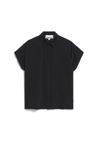 Blusa nera a maniche corte con colletto a punta, chiusura a bottoni e vestibilità rilassata. Texture liscia senza motivi visibili o dettagli.