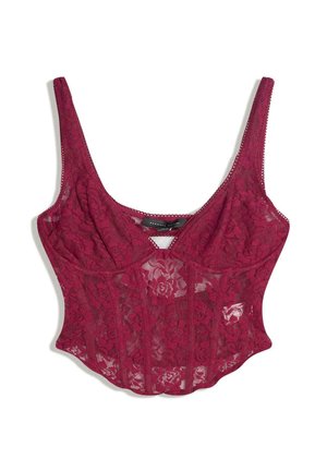 Burgundy lace bodysuit with adjustable straps, floral pattern, sheer texture, and structured bodice. Keyhole detail at the front.