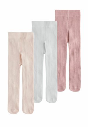 Trois paires de collants côtelés pour tout-petits en rose clair, blanc et rose poussière, disposées côte à côte sur un fond blanc.