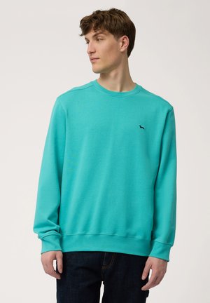 Turquoise sweater met lange mouwen, ronde hals en een klein zwart logo op de borst. Zachte textuur, casual pasvorm.
