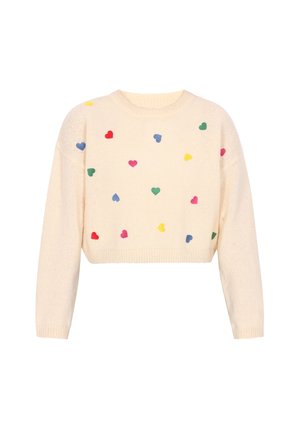 Cremefarvet cropped sweater med lange ærmer, prydet med spredte multikolorede hjerte-motiver i rød, grøn, blå, gul og pink.