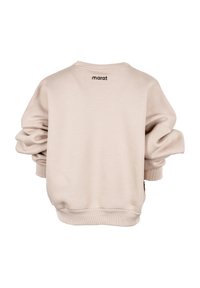 Beżowa bluza z oversize'owymi rękawami i prążkowanymi mankietami. Posiada okrągły dekolt i subtelne czarne logo z tyłu. Miękka tekstura materiału.