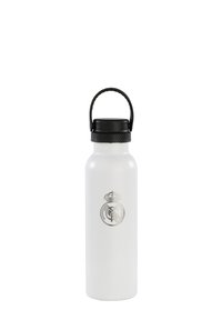Bottiglia d'acqua in acciaio inossidabile con finitura bianca opaca, cappuccio a vite nero e manico per il trasporto. Presenta un emblema argentato e un design a corona.