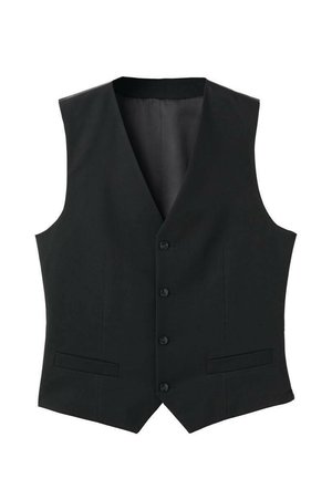 Czarna kamizelka o dopasowanym kroju, z dekoltem w szpic, pięcioma guzikami z przodu i dwoma bocznymi kieszeniami. Gładka tekstura, bez widocznych wzorów.