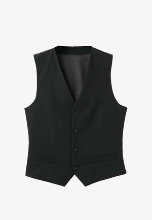 Czarna kamizelka o dopasowanym kroju, z dekoltem w szpic, pięcioma guzikami z przodu i dwoma bocznymi kieszeniami. Gładka tekstura, bez widocznych wzorów.