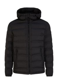 Giacca imbottita nera con cappuccio, caratterizzata da un design trapuntato orizzontale, chiusura frontale con zip completa e due tasche laterali con zip. Texture morbida.