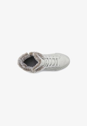 Gray faux suede high-top sneaker with a soft gray fur lining, round toe, and white laces. Features a padded collar for comfort.