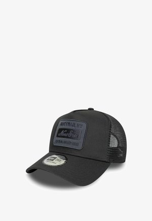 Black mesh-back baseball cap with curved brim, front patch reading "Buffalo NY, New Era, Established 1920," and adjustable strap.