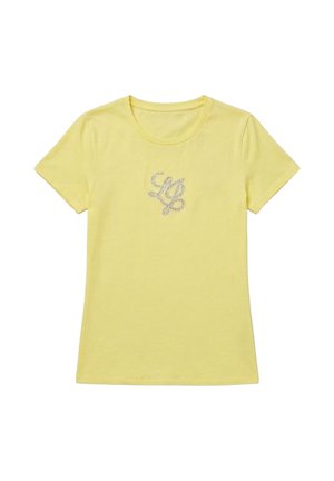 Maglietta gialla a maniche corte con scollo rotondo e design di strass argentati che formano le lettere "LP" sul petto.