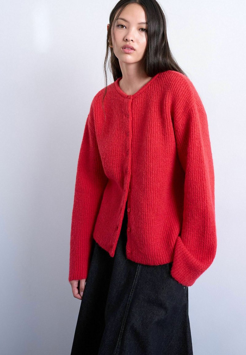 Jeune femme aux longs cheveux foncés, portant un cardigan rouge en tricot boutonné et une jupe noire, debout devant un fond clair uni.