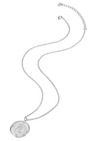 Sølv Halskæde med en rund vedhæng, der har et detaljeret relieffdesign. Kæden er delikat med en clasp-lukning og justerbar længde.