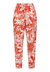 Röda och vita blommönstrade byxor med elastisk midja och dragsko. Lätta, avslappnad passform med smalnande ben.