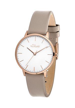 Montre ronde avec un cadran blanc, des accents en or rose, un bracelet en cuir gris fin, un design minimaliste et des marqueurs de minutes. Marque : s.Oliver.