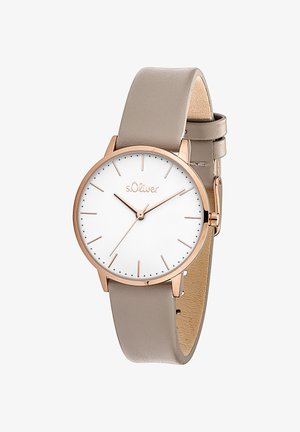 Orologio rotondo con quadrante bianco, dettagli in oro rosa, cinturino sottile in pelle grigia, design minimalista e indici dei minuti. Marca: s.Oliver.