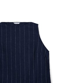 Haut sans manches bleu marine avec de fines rayures verticales blanches et un col rond, fabriqué par Calliope, taille petite.