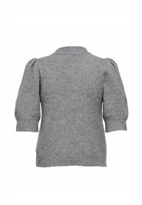 Gray knitted sweater with a rounded collar, puffed short sleeves, and ribbed cuffs. Soft texture and relaxed fit.