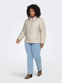 Light beige puffer jacket with a zip front, high collar, and quilted design. Paired with light blue jeans and brown heeled ankle boots.