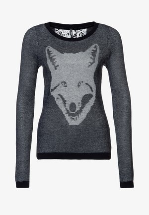 Donkergrijze gebreide trui met lange mouwen, zwarte rand en een groot lichtgrijs vosgezichts patroon op de voorkant.
