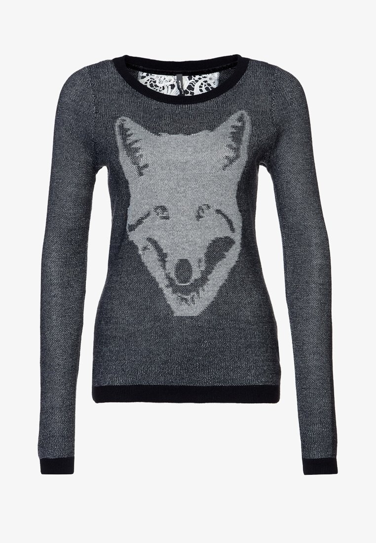 Pull en maille gris foncé à manches longues, bordure noire, avec un grand motif de visage de renard gris clair sur le devant.