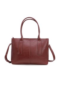 Maroonowa skórzana torba na ramię z podwójnymi paskami na ramię, o teksturowanym wykończeniu i prostokątnym kształcie. Posiada odpinany pasek na ramię.