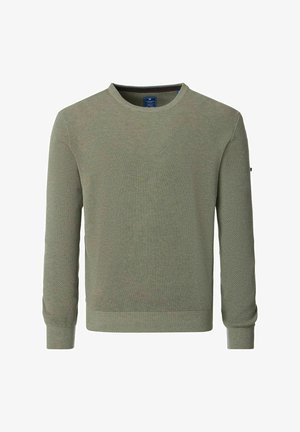 Groene gebreide trui met een ronde halslijn, voorzien van een textuurpatroon, ribgebreide manchetten en zoom. Etiket zichtbaar aan de binnenkant van de hals.