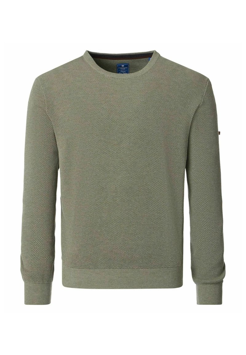 Grüner gestrickter Pullover mit Rundhalsausschnitt, ausgestattet mit einem strukturierten Muster, gerippten Bündchen und Saum. Etikett im Nacken sichtbar.