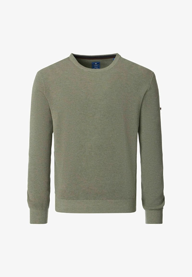 Grüner gestrickter Pullover mit Rundhalsausschnitt, ausgestattet mit einem strukturierten Muster, gerippten Bündchen und Saum. Etikett im Nacken sichtbar.